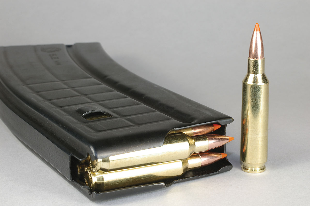 The 22 Nosler’s maximum cartridge length is 2.26 inches, and the cartridges are loaded in a magazine intended for the 6.8 Remington.